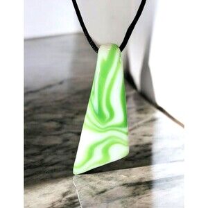 VTG Green White Glass Asymmetrical Slide Pendant Black Cord Necklace 18"